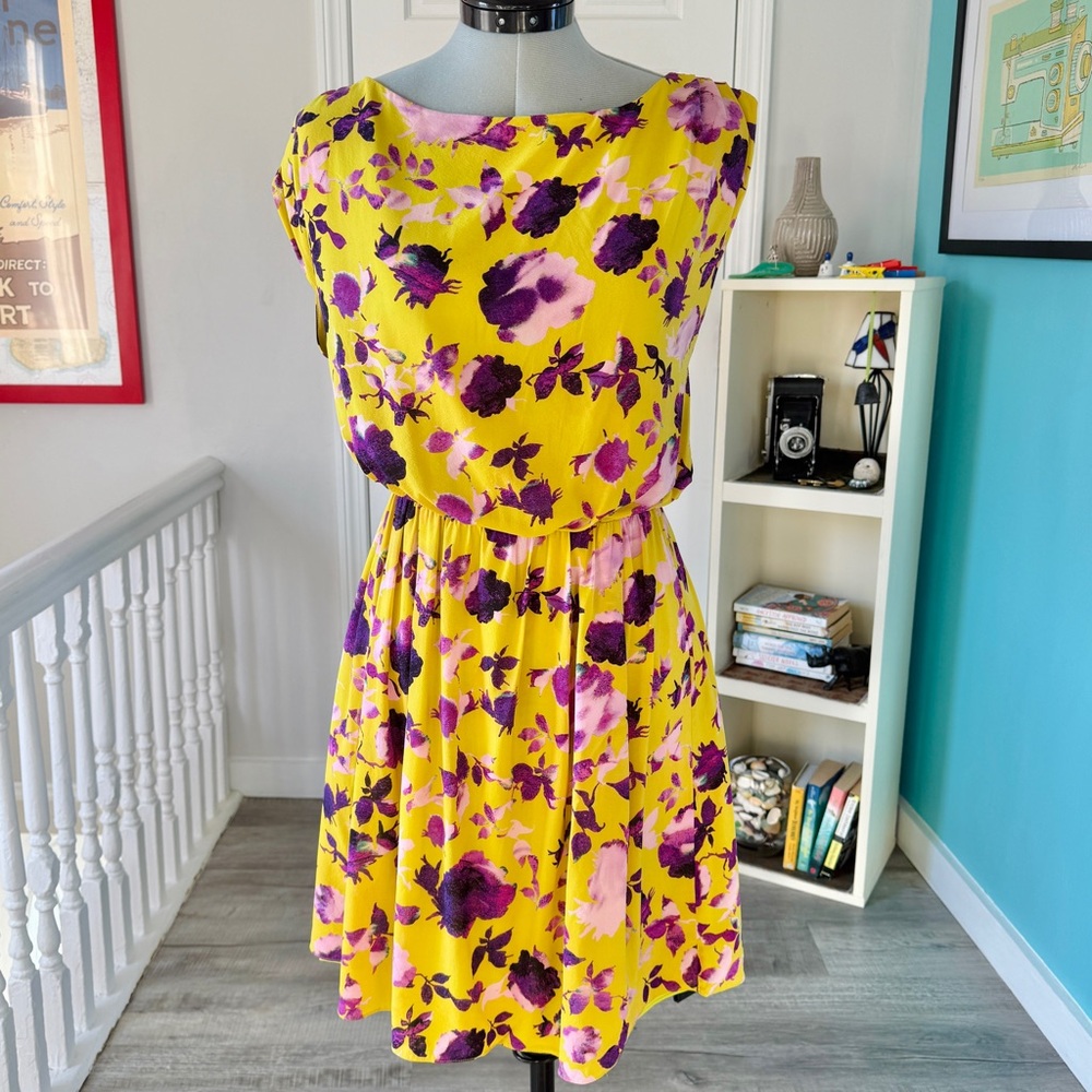 Alice + Olivia Chartreuse and Purple Floral Dress